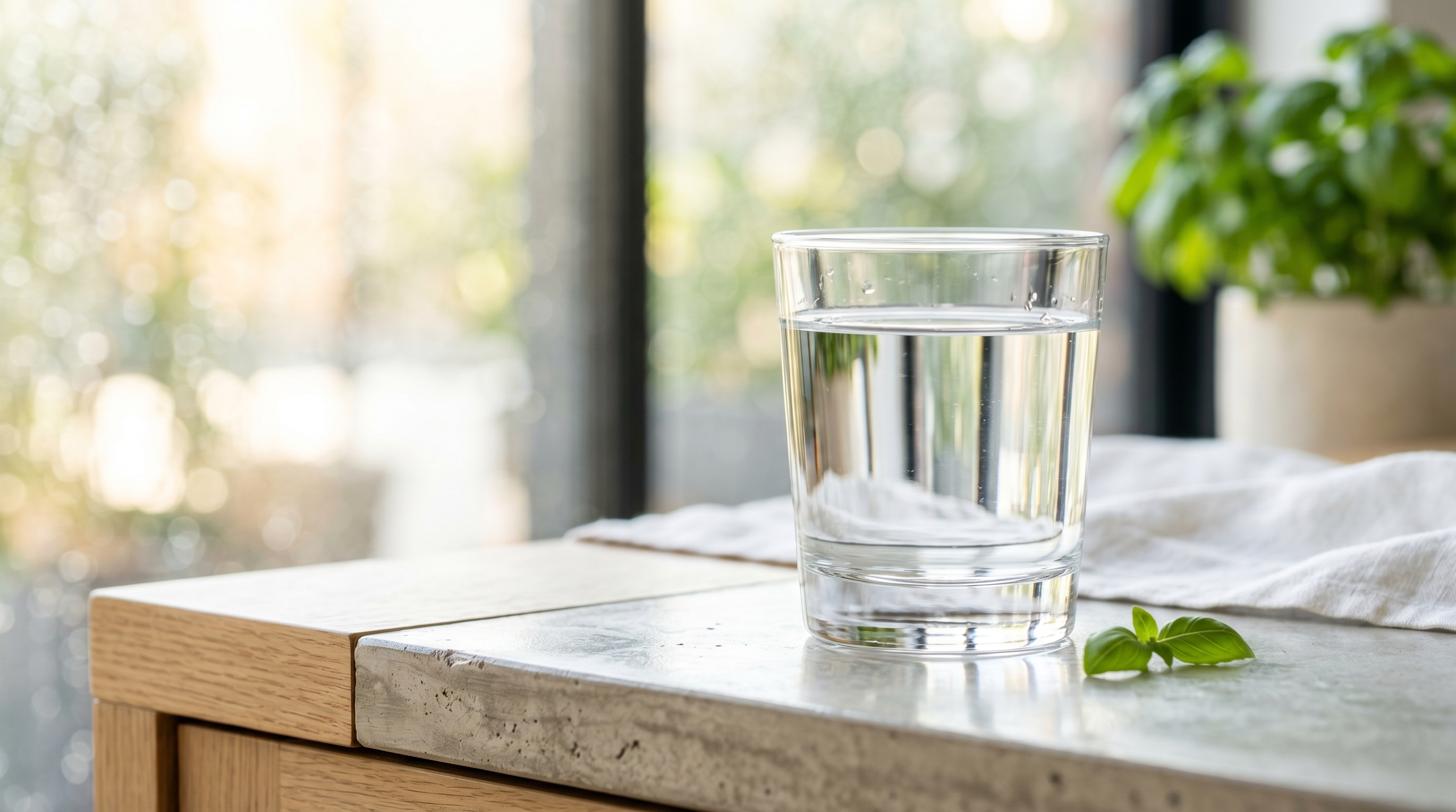 Un verre d'eau cristalline et pure posé sur une surface moderne, avec des gouttes d'eau fraîches en arrière-plan, symbolisant la pureté absolue, éclairage naturel et lumineux, 16:9